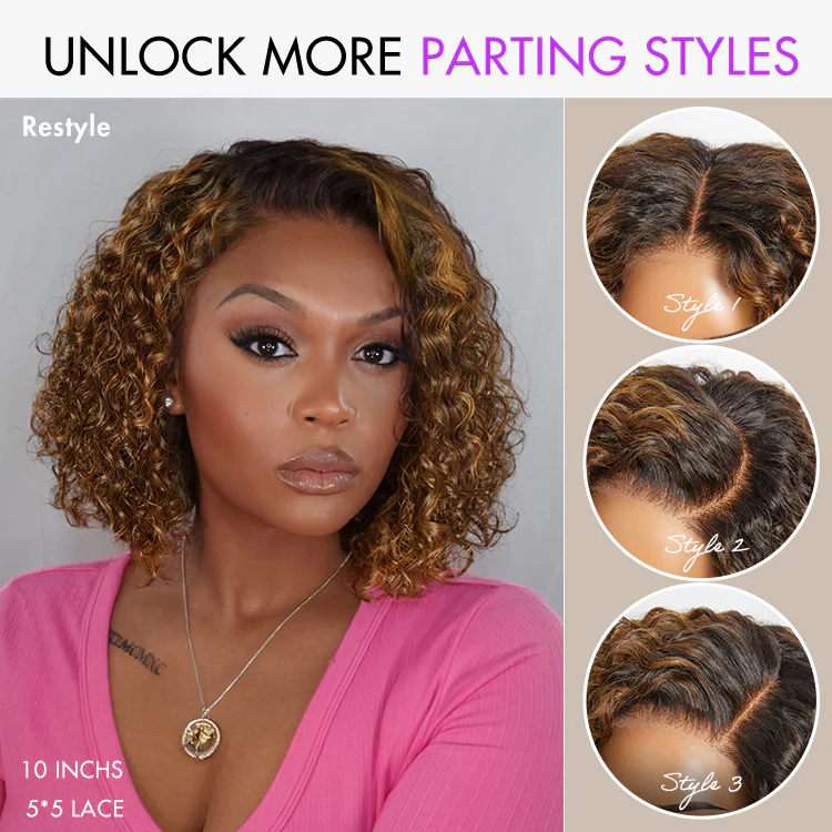 New Customers Only | Brown Highlight / Natural Black / Blonde Highlight Deep Curly Glueless 5x5 Closure Pre-Cut Lace Wig - Image 4
