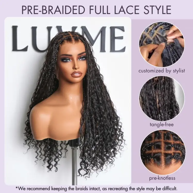 New Customers Only | Light Weight Flexi-Fit Invisi Drawstring Cap Full Lace Knotless Boho Curls Braided Long Wig Super Natural Scalp - Image 10