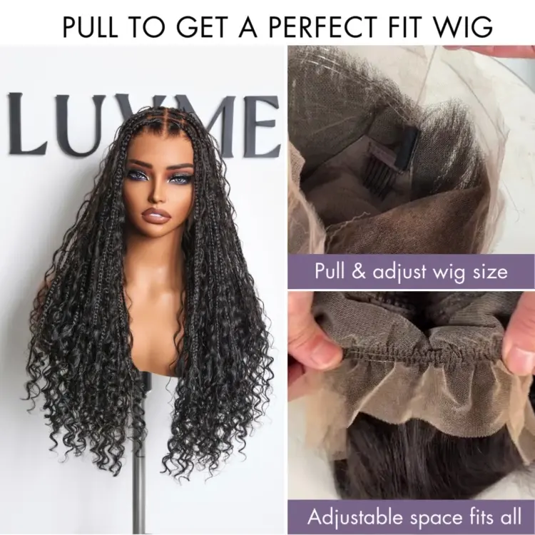 New Customers Only | Light Weight Flexi-Fit Invisi Drawstring Cap Full Lace Knotless Boho Curls Braided Long Wig Super Natural Scalp - Image 11