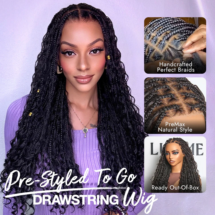 New Customers Only | Light Weight Flexi-Fit Invisi Drawstring Cap Full Lace Knotless Boho Curls Braided Long Wig Super Natural Scalp - Image 8