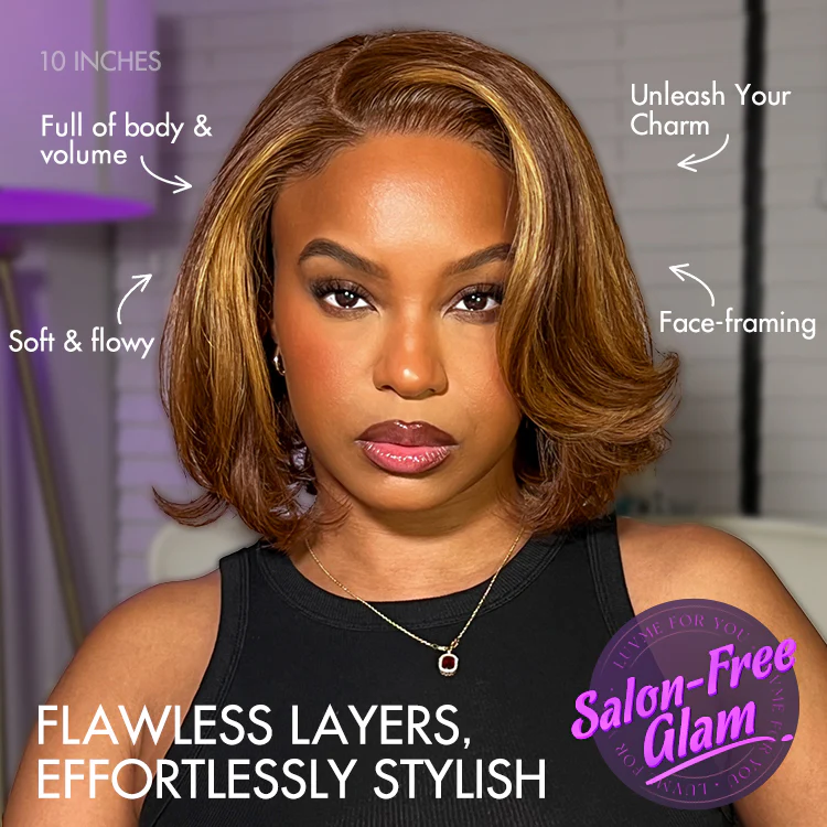 New Customers Only | Limited Design | Toffee Brown Mix Blonde / Natural Black Layered Cut Glueless 5x5 Closure Lace Bob Wig - Image 4