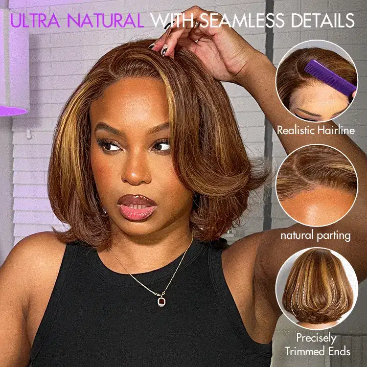 New Customers Only | Limited Design | Toffee Brown Mix Blonde / Natural Black Layered Cut Glueless 5x5 Closure Lace Bob Wig - Image 5