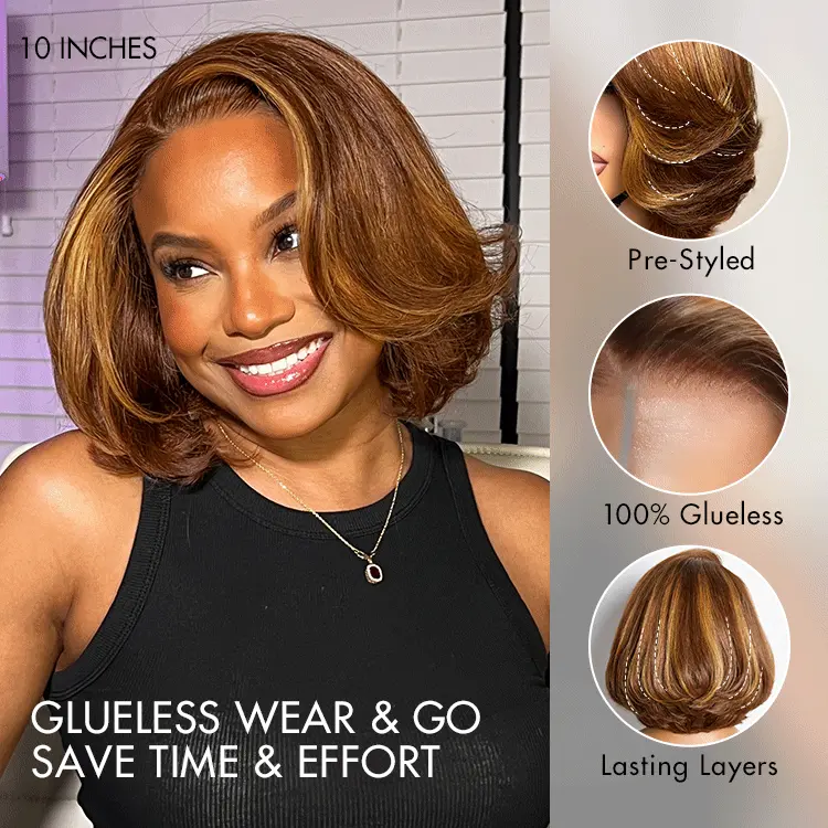 New Customers Only | Limited Design | Toffee Brown Mix Blonde / Natural Black Layered Cut Glueless 5x5 Closure Lace Bob Wig - Image 7