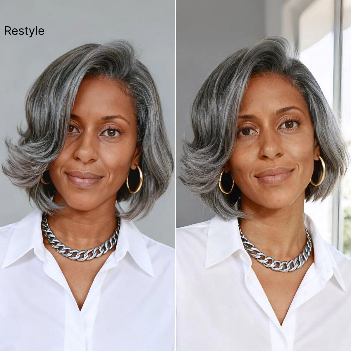 New Customers Only | Salt & Pepper 100% Human Hair Layered Bob Wig Glueless Minimalist Lace Grey Wig Pre-Cut Lace - Image 4
