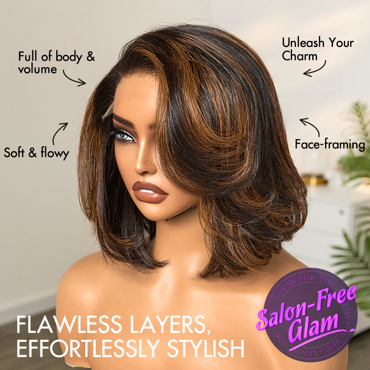 New Customers Only | Trendy Brown Highlight Layered Bob Blowout Glueless 5x5 Lace Closure Wig 100% Human Hair Pre-Cut Lace - Image 3