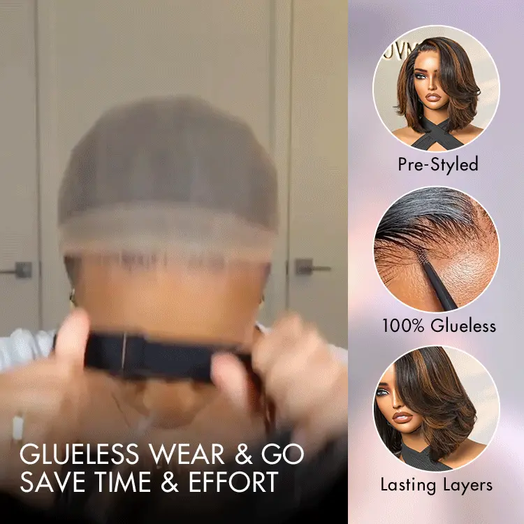 New Customers Only | Trendy Brown Highlight Layered Bob Blowout Glueless 5x5 Lace Closure Wig 100% Human Hair Pre-Cut Lace - Image 6