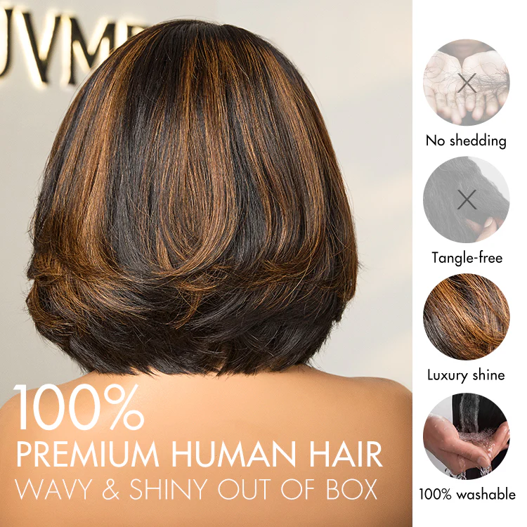 New Customers Only | Trendy Brown Highlight Layered Bob Blowout Glueless 5x5 Lace Closure Wig 100% Human Hair Pre-Cut Lace - Image 7