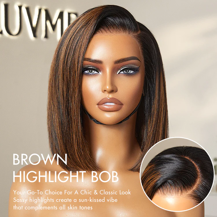 PreMax Wigs | Natural Looking Brown Highlight Silky Blunt Cut Bob Glueless 13x4 Frontal Pre-Cut Lace Wig - Image 2