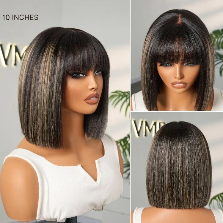 Put On and Go Blonde Highlight Yaki Straight Blunt Cut Bob Glueless Minimalist Lace Short Wig with Bangs - Image 4