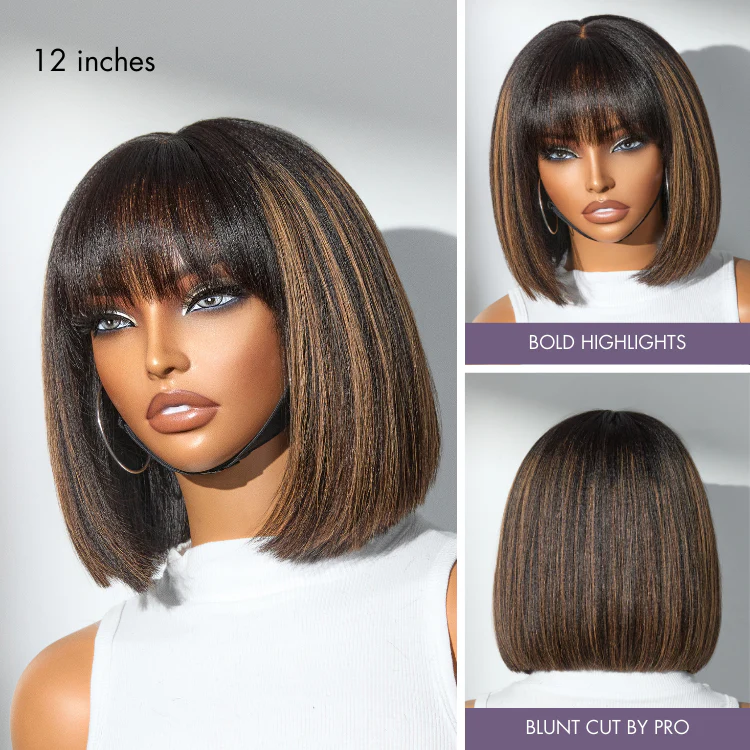 Put On and Go Brown Highlight Yaki Bob with Bangs Glueless Minimalist Lace Wig Breathable Cap - Image 2
