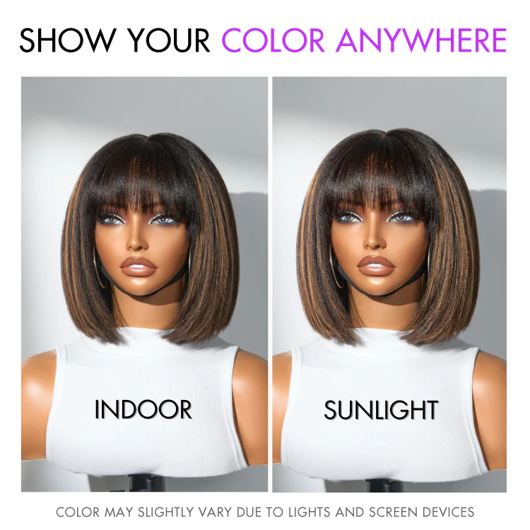 Put On and Go Brown Highlight Yaki Bob with Bangs Glueless Minimalist Lace Wig Breathable Cap - Image 6