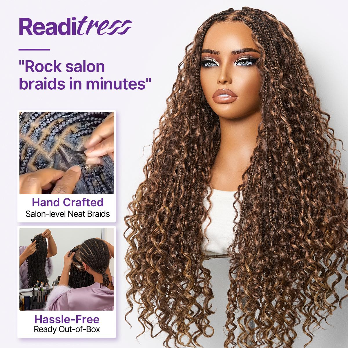 Readitress™ Mix Blonde / Natural Black Light Weight Flexi-Fit Invisi Drawstring Cap HD Full Lace Knotless Boho Curls Braided Long Wig Super Natural Scalp - US Only - Image 10