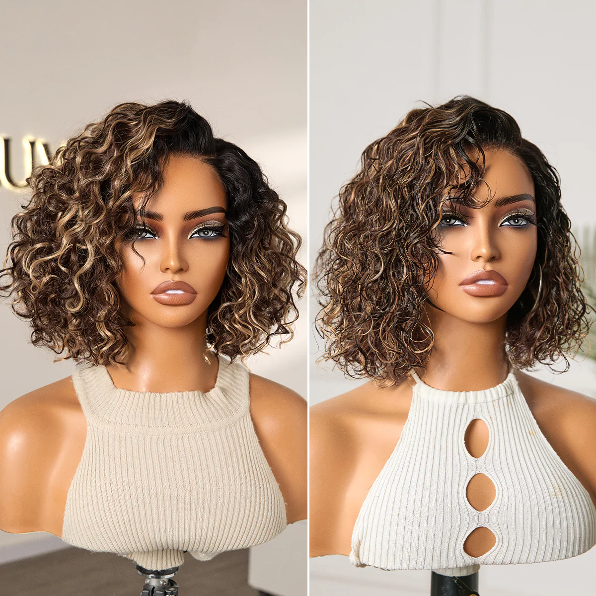 Ready to Go Blonde Highlight / Natural Black / Ombre Brown Water Wave Short Curly Bob Wig Glueless Minimalist HD Lace Wig Pre-Cut Lace - Image 2