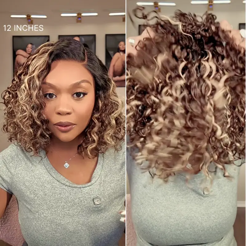 Ready to Go Blonde Highlight / Natural Black / Ombre Brown Water Wave Short Curly Bob Wig Glueless Minimalist HD Lace Wig Pre-Cut Lace - Image 4