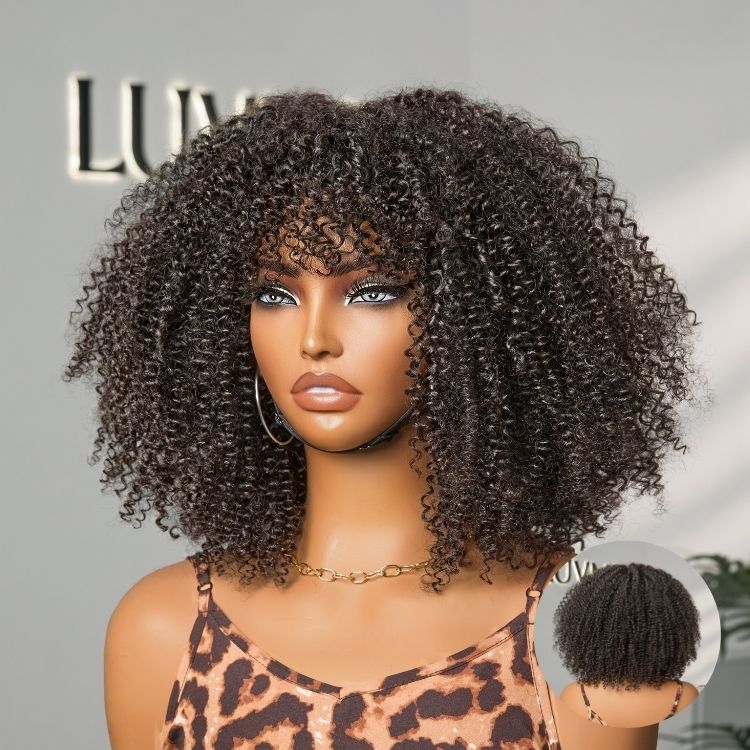 Breathable Cap Ready to Go Bouncy Jerry Curl Glueless Minimalist Lace Curly Wig with Bangs - Image 5