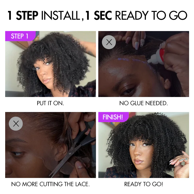 Breathable Cap Ready to Go Bouncy Jerry Curl Glueless Minimalist Lace Curly Wig with Bangs - Image 7