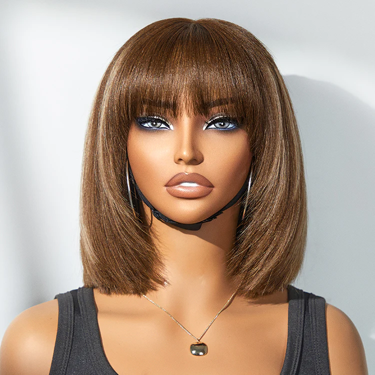 Put On and Go Ash Blonde Highlight / Brown Highlight / Natural Black Layered Cut Yaki Straight Minimalist Lace Bob Wig - Image 8