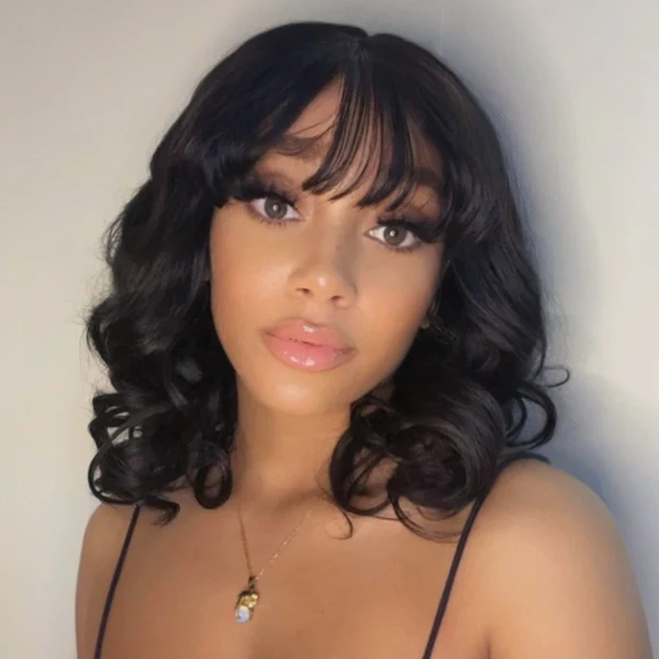 Glueless Beginner Friendly Soft Wavy Curls Bob Wig with Bangs 100% Human Hair - US Only - Image 5