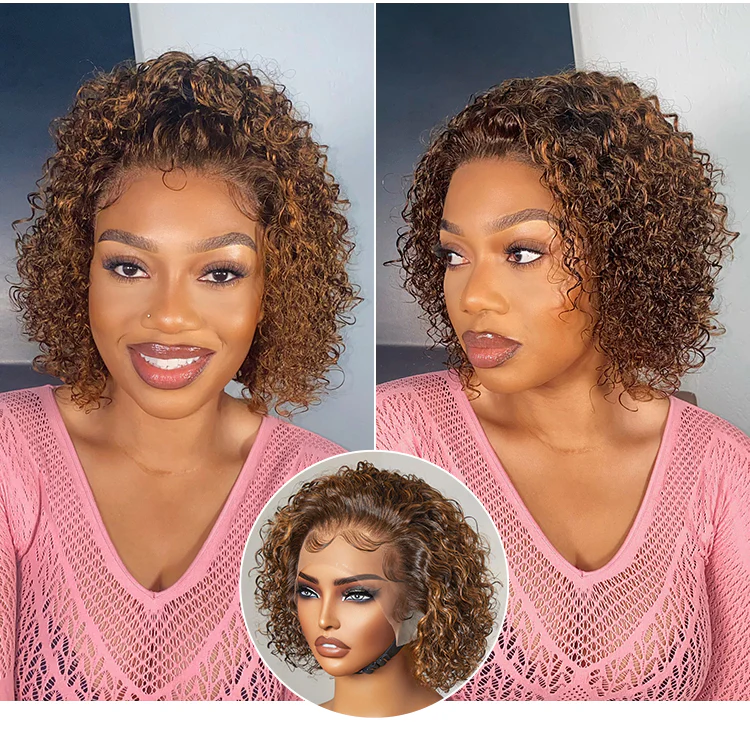 Special Deal | Brown Highlight Short Cut Slicked Back Curly Ear-to-ear Wide T Lace Wig - US Only - Image 2