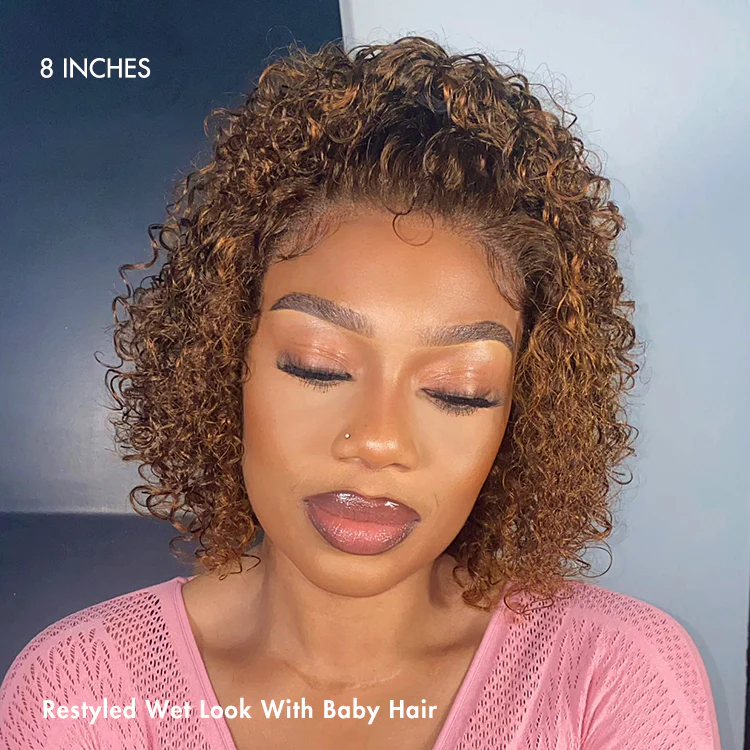 Special Deal | Brown Highlight Short Cut Slicked Back Curly Ear-to-ear Wide T Lace Wig - US Only - Image 3