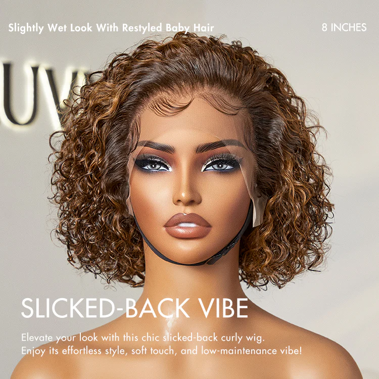 Special Deal | Brown Highlight Short Cut Slicked Back Curly Ear-to-ear Wide T Lace Wig - US Only - Image 4
