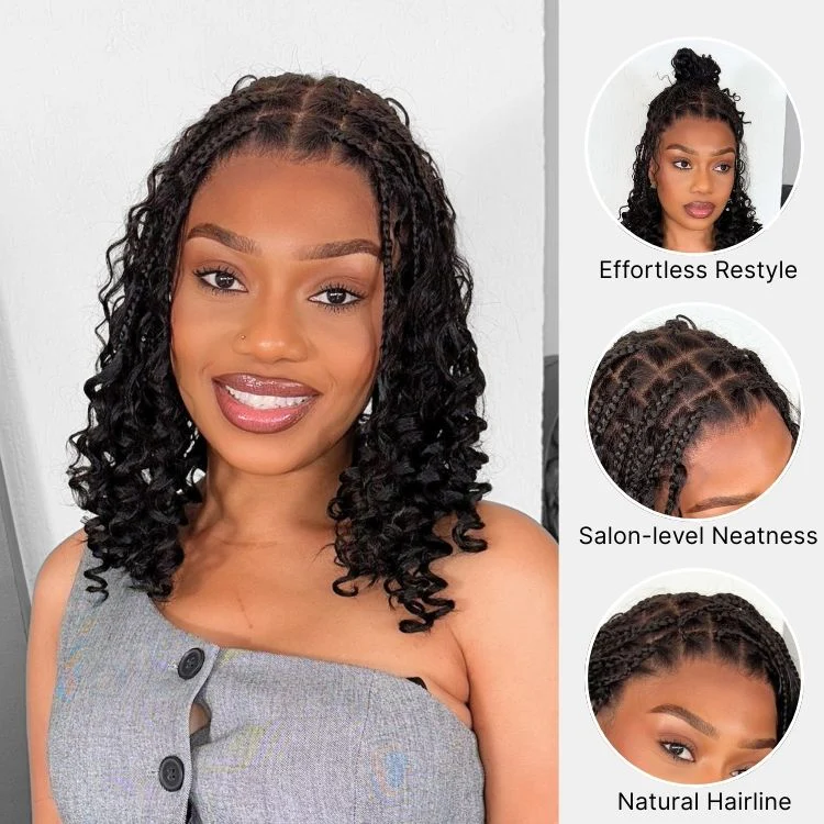 Tiktok Exclusive Deal | HD Full Lace Knotless Boho Curls Braided Bob Wig Flexi Fit Invisi Drawstring Cap - Image 6