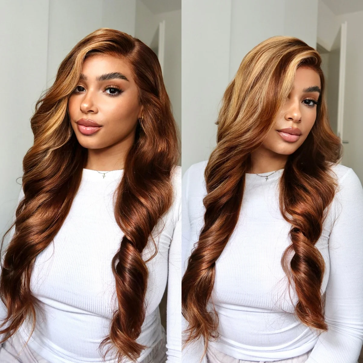 24 inches = $219.9 | Honey Blonde Highlight Bouncy Body Wave Glueless 13x4 Frontal Lace Human Hair Wig