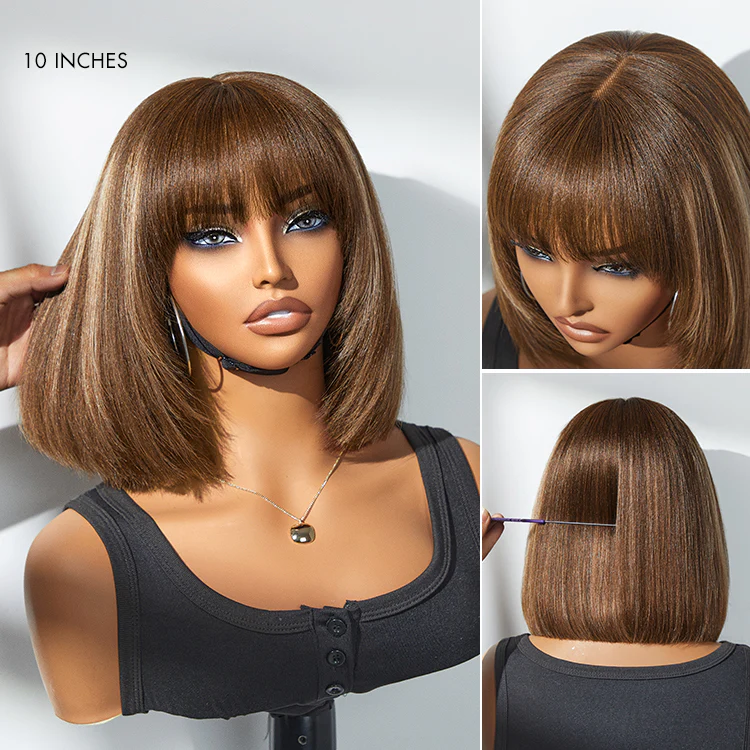 Special Offer | Put On and Go Brown Highlight / Natural Black Layered Cut Yaki Straight Minimalist Lace Bob Wig with Bangs - Image 12