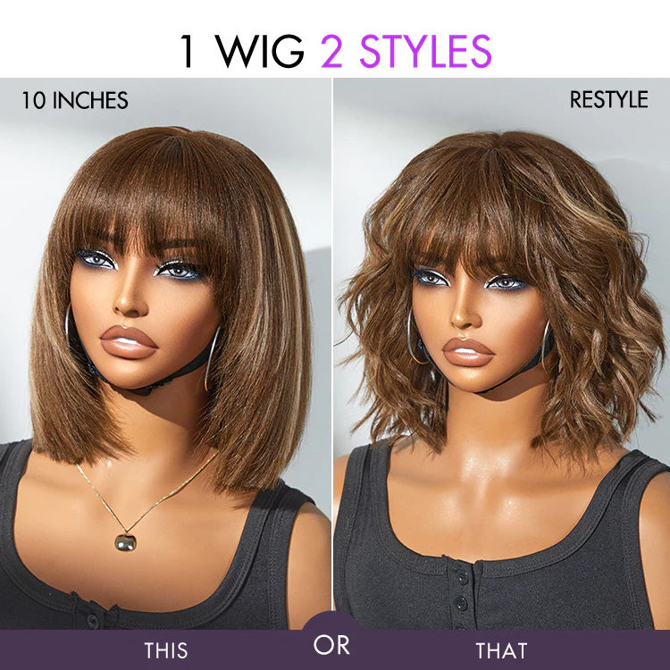 Special Offer | Put On and Go Brown Highlight / Natural Black Layered Cut Yaki Straight Minimalist Lace Bob Wig with Bangs - Image 13