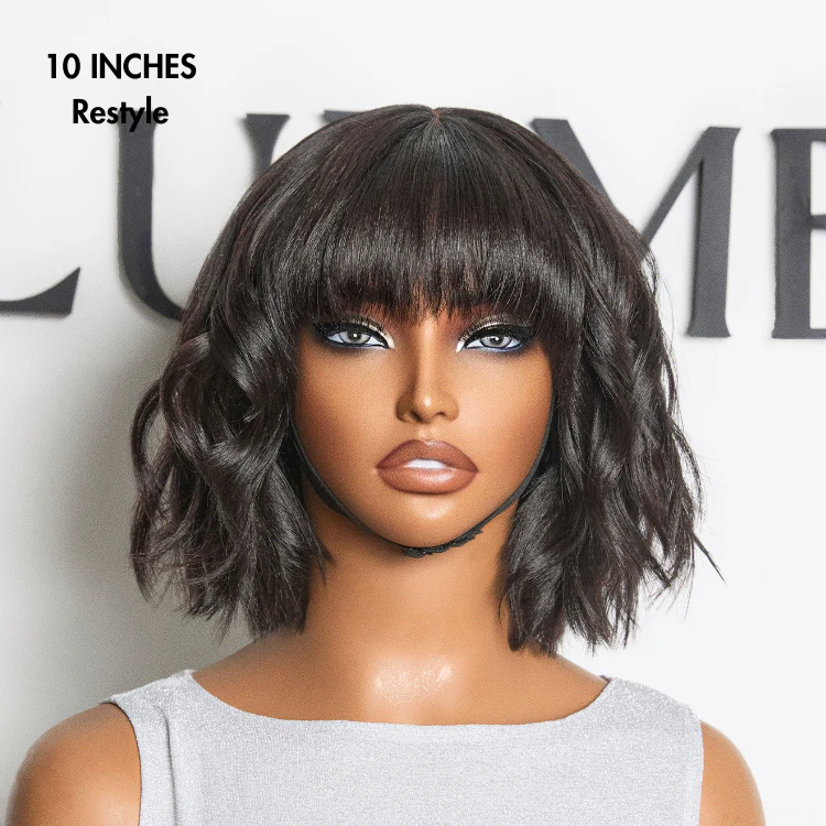 Special Offer | Put On and Go Brown Highlight / Natural Black Layered Cut Yaki Straight Minimalist Lace Bob Wig with Bangs - Image 8
