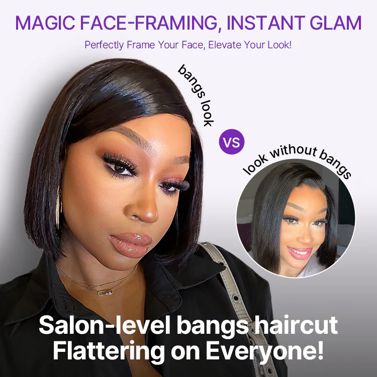 Swoop Bangs Breathable Cap Deep Left C Part Silky Straight Glueless 5x5 Closure Lace Bob Wig - Image 6