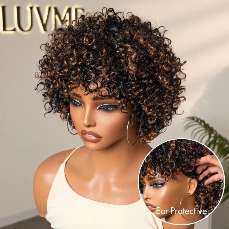 Throw On & Go Brown Highlight Short Curly with Bangs Wig Ultra Comfort Skin-Like Soft Care Glueless Hair Loss Friendly Wig - Image 2