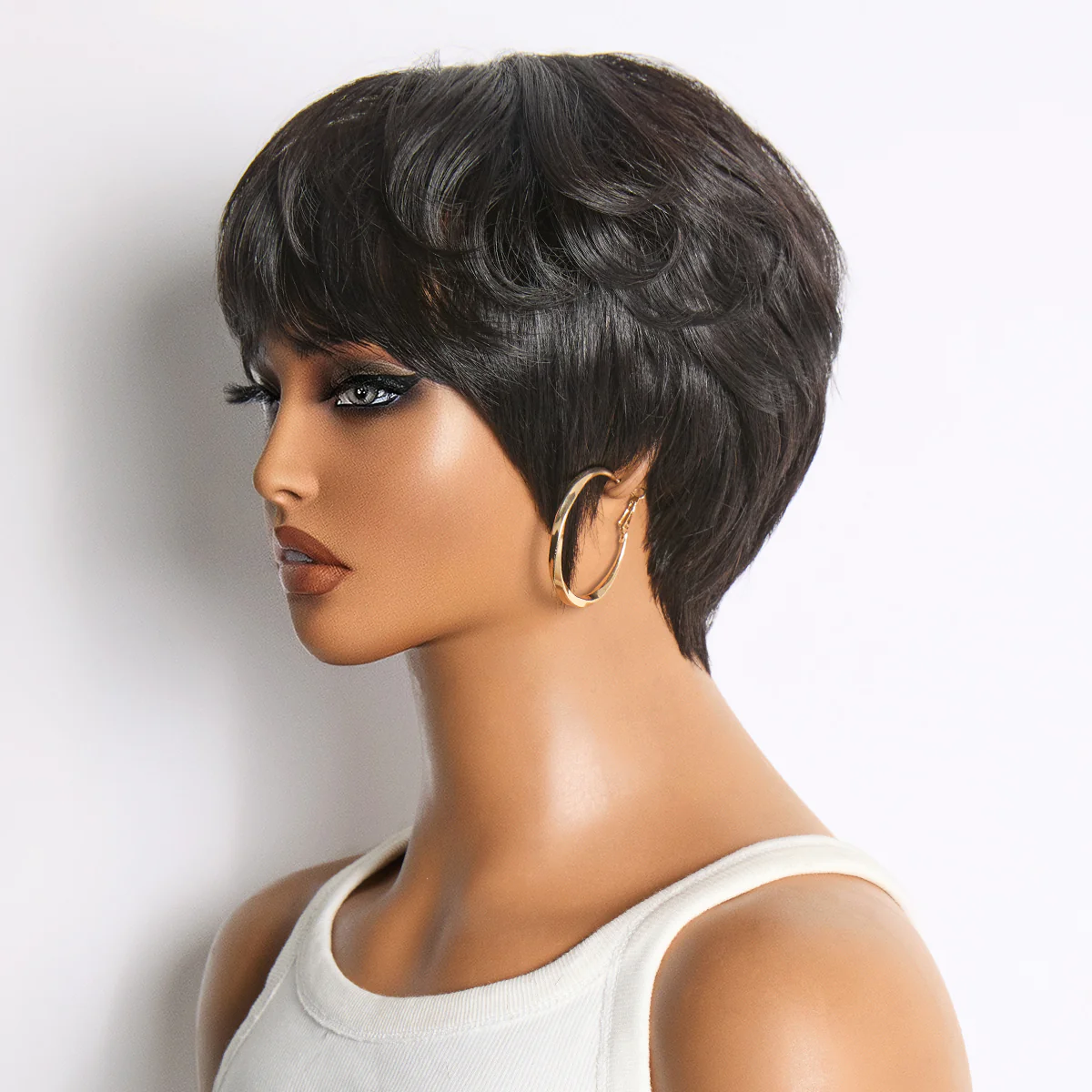 Throw On & Go Natural Black Pixie Cut with Bangs Glueless Minimalist Lace Wig - Image 3