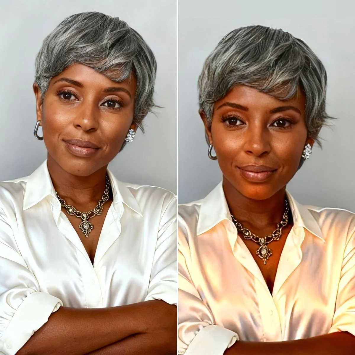 Salt & Pepper 100% Human Hair Short Pixie Cut Glueless Wig with Bangs Ultra Comfort Skin-Like Soft Care Hair Loss Friendly - Image 3