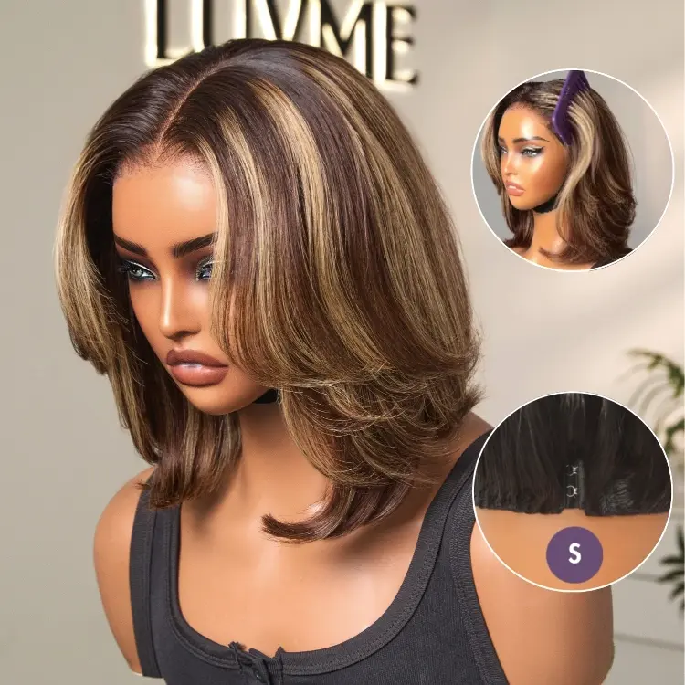 Tiktok Exclusive Deal | Blonde Highlight / Brown Highlight Short Layered Bob Wig Glueless 5x5 Closure Pre-Cut Lace Wig - Image 4