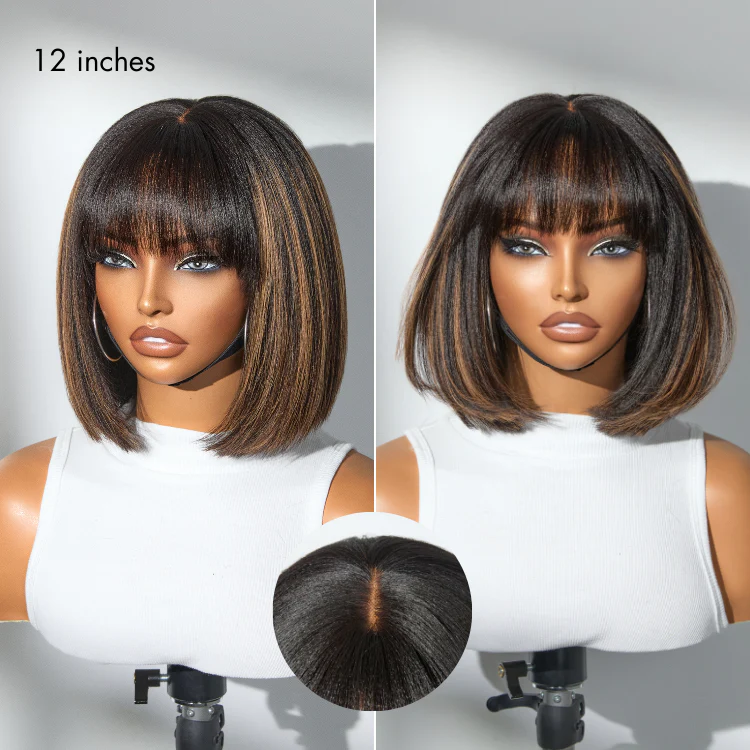 Tiktok Exclusive Deal | Put On and Go Realistic Glueless Yaki Straight Bob with Bangs Minimalist Lace Wig 100% Human Hair - Image 3