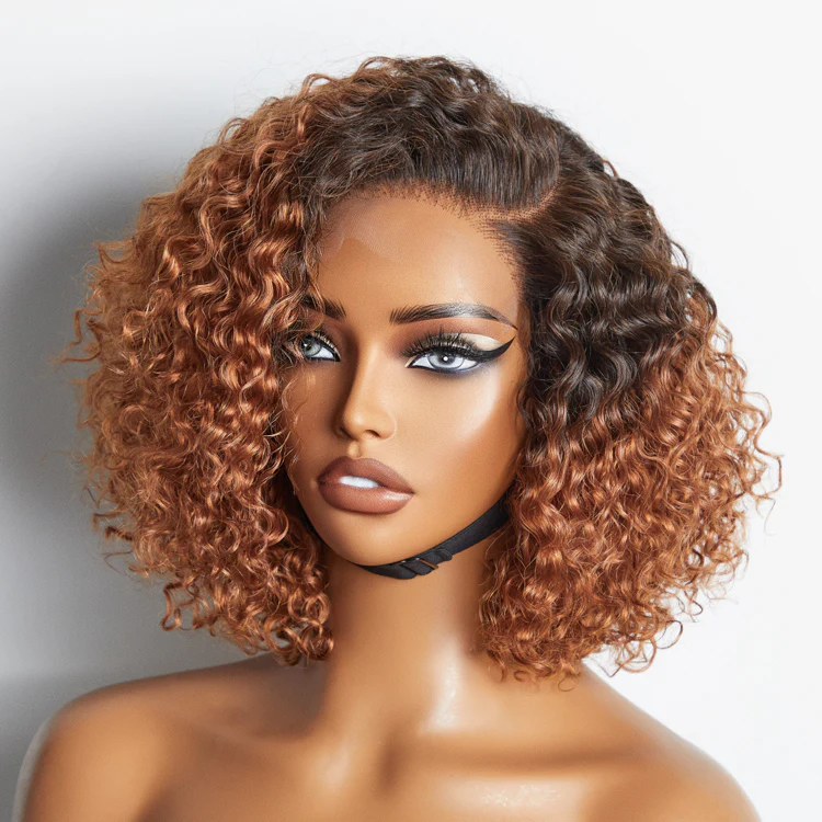 Trendy Mix Brown Short Cut Curly Minimalist HD Lace Glueless Side Part Curly Bob Wig 100% Human Hair - Image 3