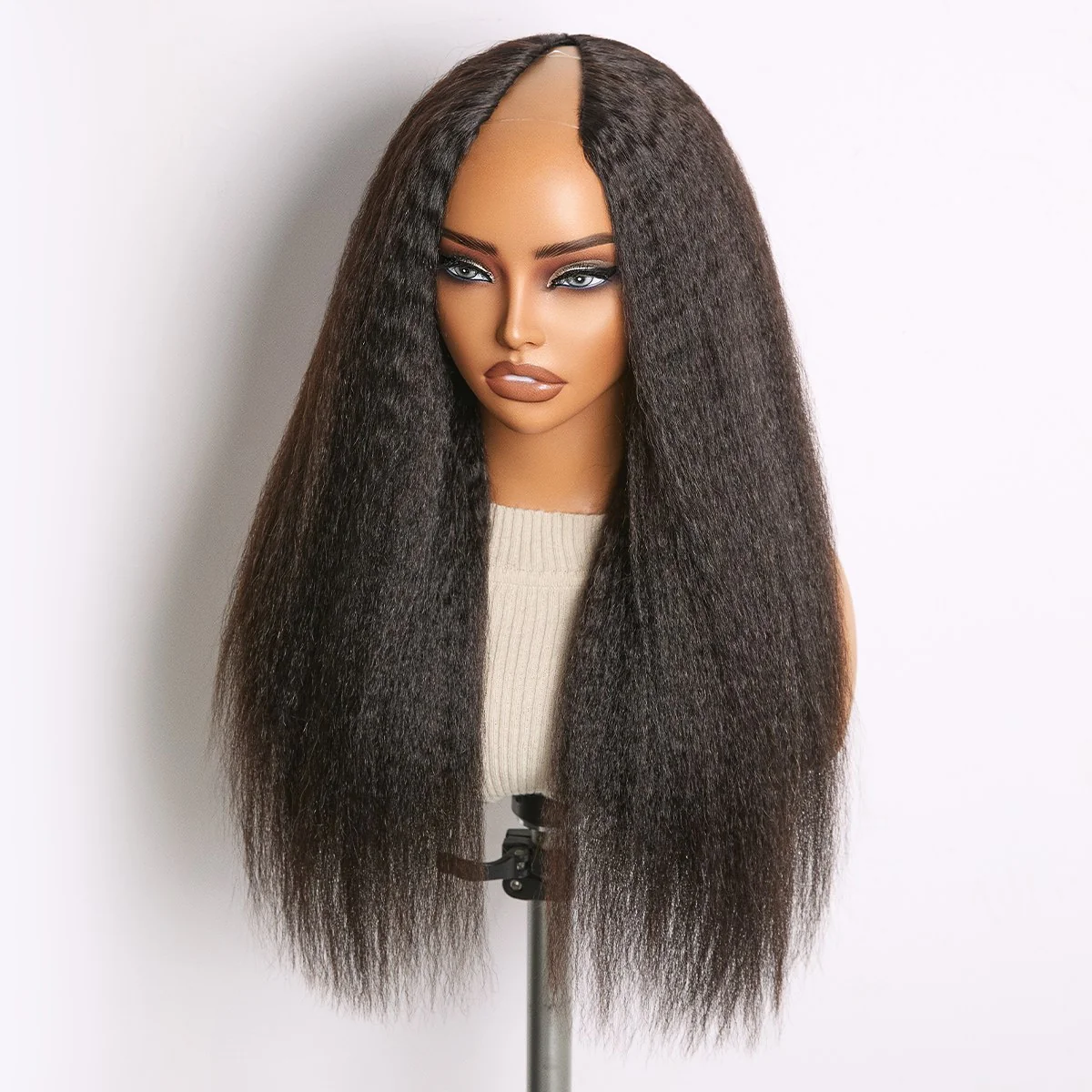 True Scalp Kinky Straight V Part Glueless Human Hair Wig Flexi-Fit Drawstring - Image 9