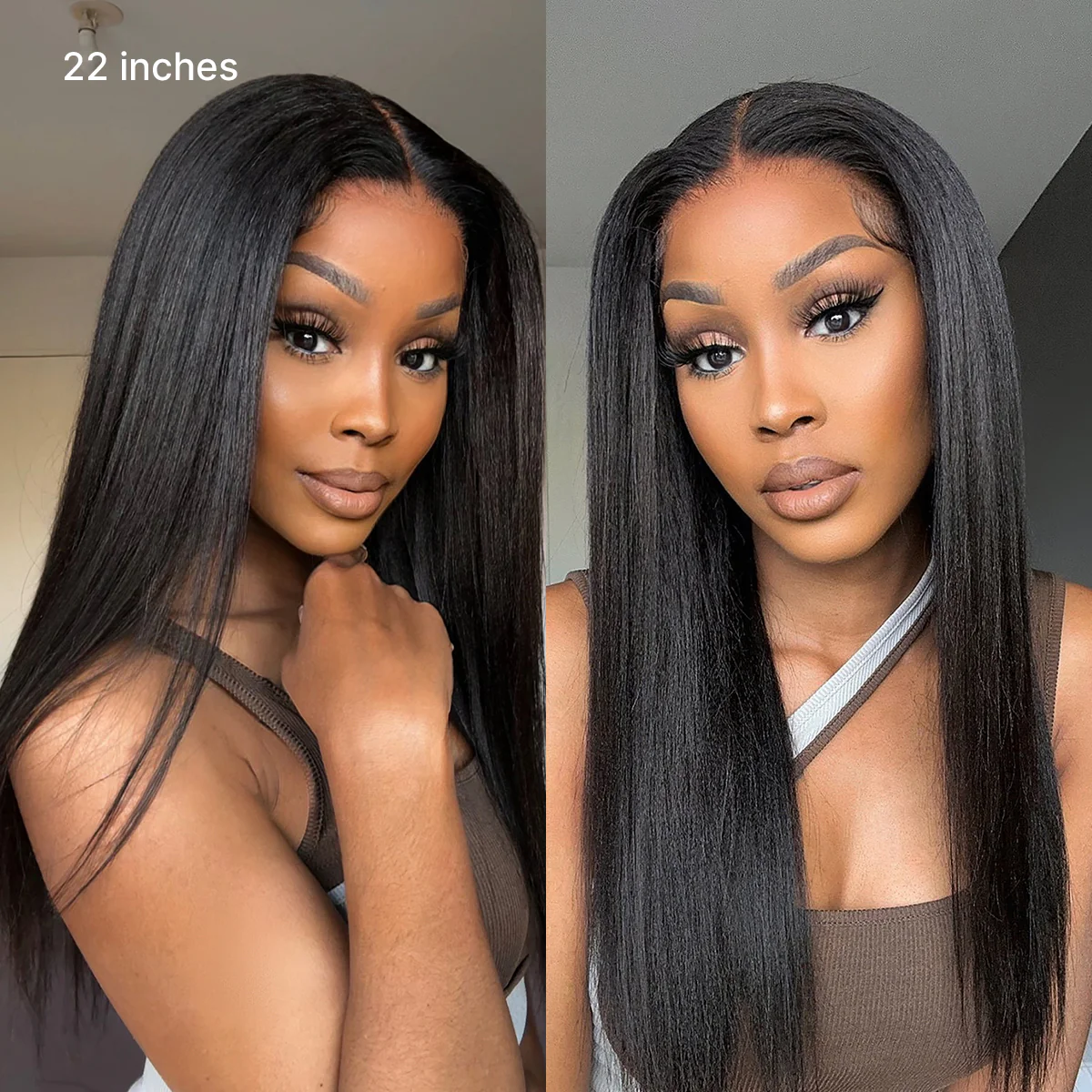 True Scalp Yaki Straight / Kinky Straight V Part Glueless Human Hair Wig Flexi-Fit Drawstring - Image 3