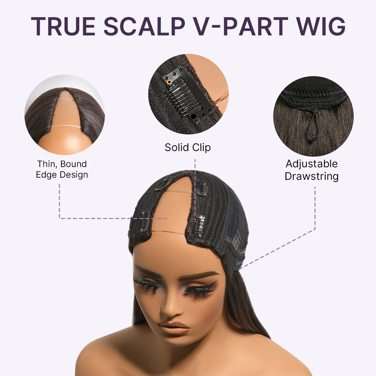 True Scalp Yaki Straight / Kinky Straight V Part Glueless Human Hair Wig Flexi-Fit Drawstring - Image 7