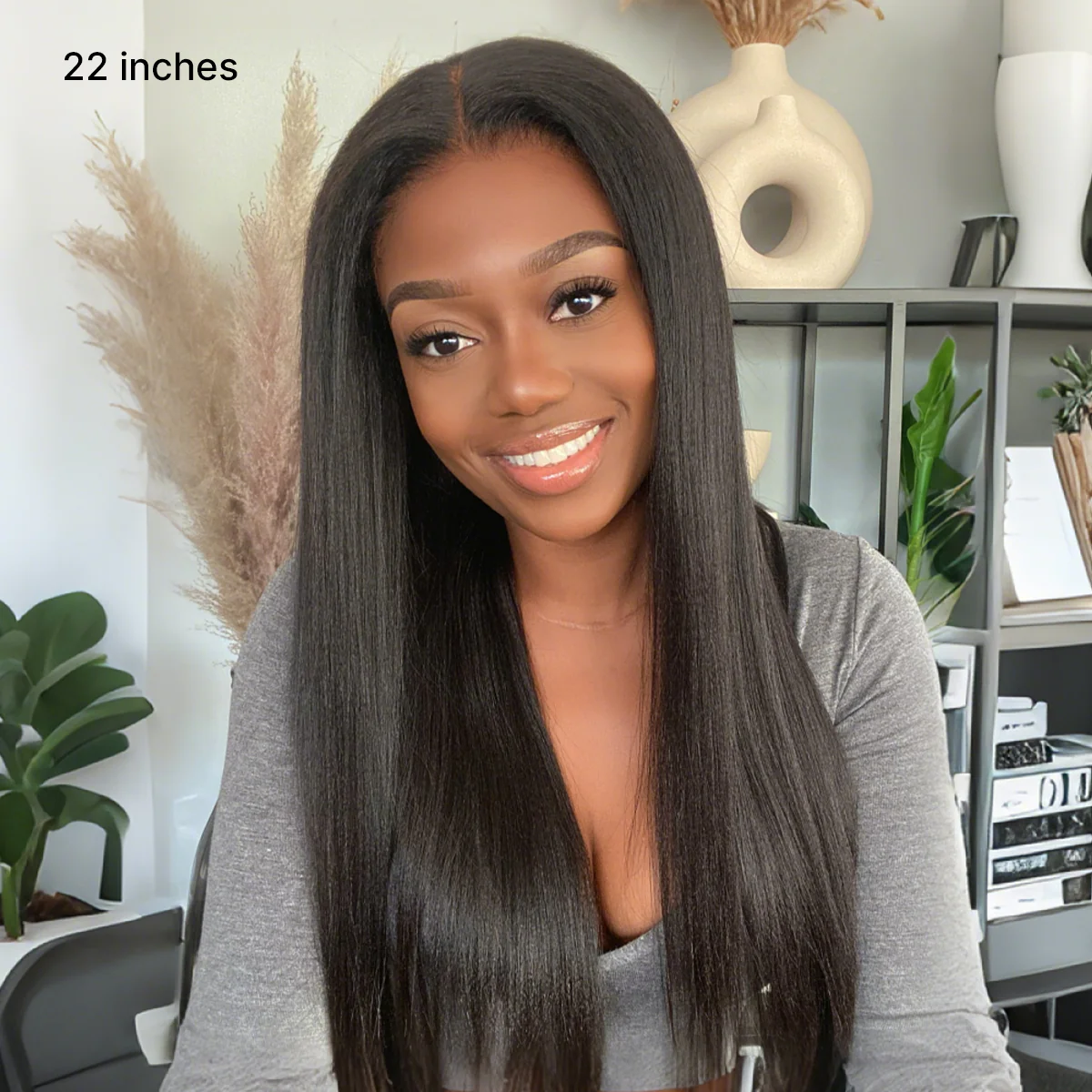 True Scalp Yaki Straight / Kinky Straight V Part Glueless Human Hair Wig Flexi-Fit Drawstring - Image 9
