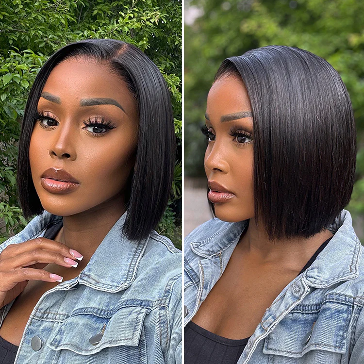 Weekly Special | PreMax Wigs | Super Natural Hairline Natural Black Silky Blunt Cut Glueless 13x4 Frontal Lace Human Hair Short Bob Wig - Image 2