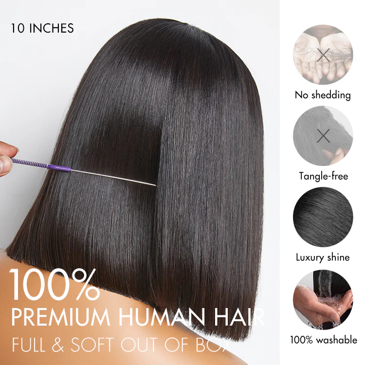 Weekly Special | PreMax Wigs | Super Natural Hairline Natural Black Silky Blunt Cut Glueless 13x4 Frontal Lace Human Hair Short Bob Wig - Image 6