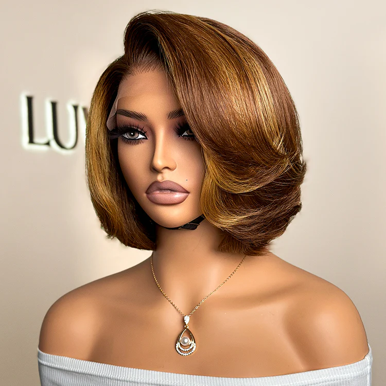 Weekly Special | Limited Design | Toffee Brown Mix Blonde / Natural Black Layered Cut Glueless 5x5 Closure Lace Bob Wig - Image 3