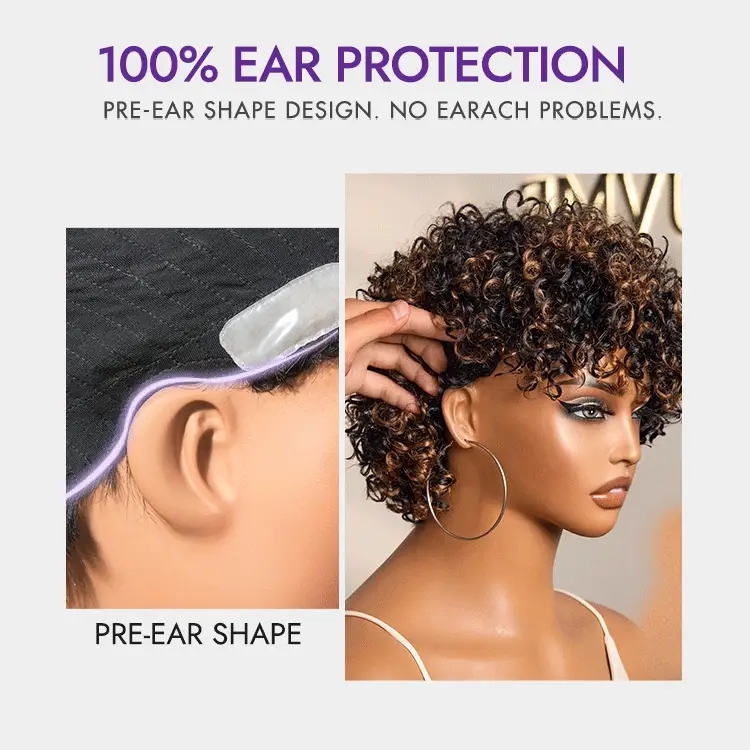 Weekly Special | Throw On & Go Brown Highlight Short Curly with Bangs Wig Ultra Comfort Skin-Like Soft Care Glueless Hair Loss Friendly Wig - Image 7