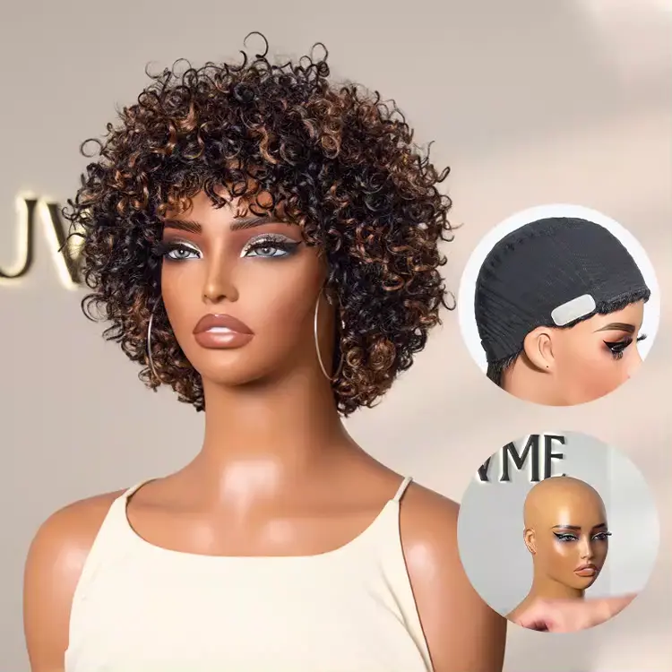 Weekly Special | Throw On & Go Brown Highlight Short Curly with Bangs Wig Ultra Comfort Skin-Like Soft Care Glueless Hair Loss Friendly Wig - Image 9