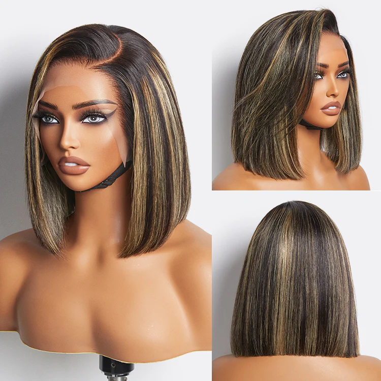 Exclusive Deal | Super Natural C Part Natural Black / Blonde Highlight Glueless Lace Bob Wig 100% Human Hair | Fits All Face Shapes - Image 4