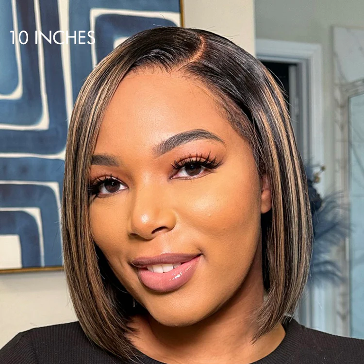 Exclusive Deal | Super Natural C Part Natural Black / Blonde Highlight Glueless Lace Bob Wig 100% Human Hair | Fits All Face Shapes - Image 6
