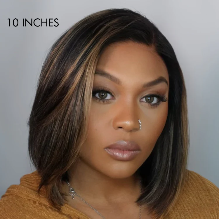 Exclusive Deal | Super Natural C Part Natural Black / Blonde Highlight Glueless Lace Bob Wig 100% Human Hair | Fits All Face Shapes - Image 7