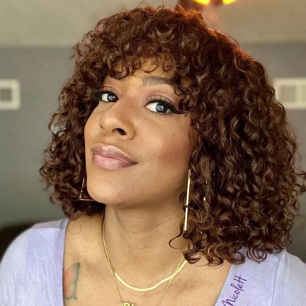 Special Deal | Ombre Brown Short Curly Throw On & Go Fringe Glueless Wig | Beginner Friendly - Image 3